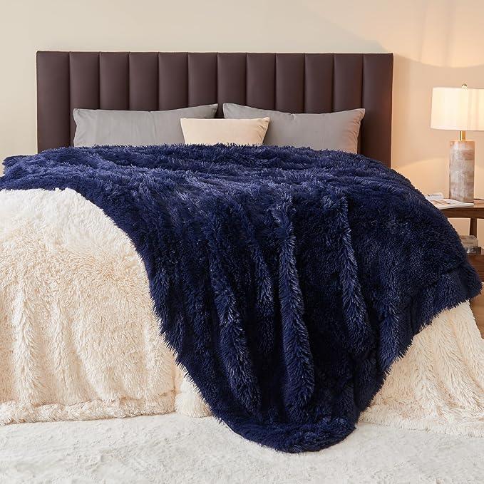GONAAP Fuzzy Faux Fur Throw Blanket Twin Size Dark Navy Super Soft Cozy Plush Fuzzy Shaggy Blanket for Couch Sofa Bed (Dark Navy, Twin(60