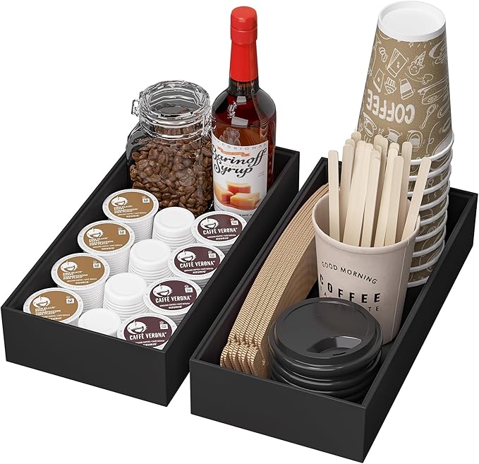 Kitchen Drawer Organizer Bins, Stackable Bamboo Drawer Organizer for Silverware, Coffee Pod Organizer K Cup Holder for Countertop, 2 Pcs Coffee Station Organizer Black 12