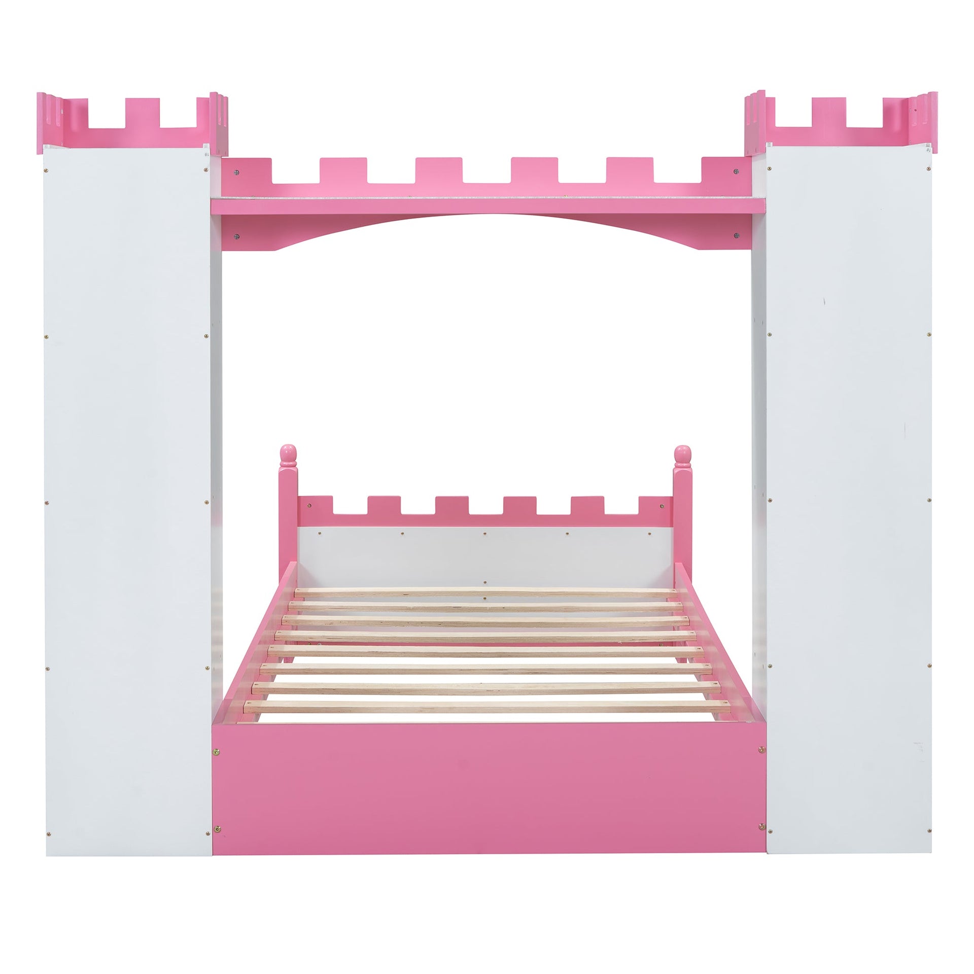 Castle-Shaped Wooden Bed with Storage Shelf, Dreamy Twin Size Platform Bed for Kids Bedroom, White + Pink