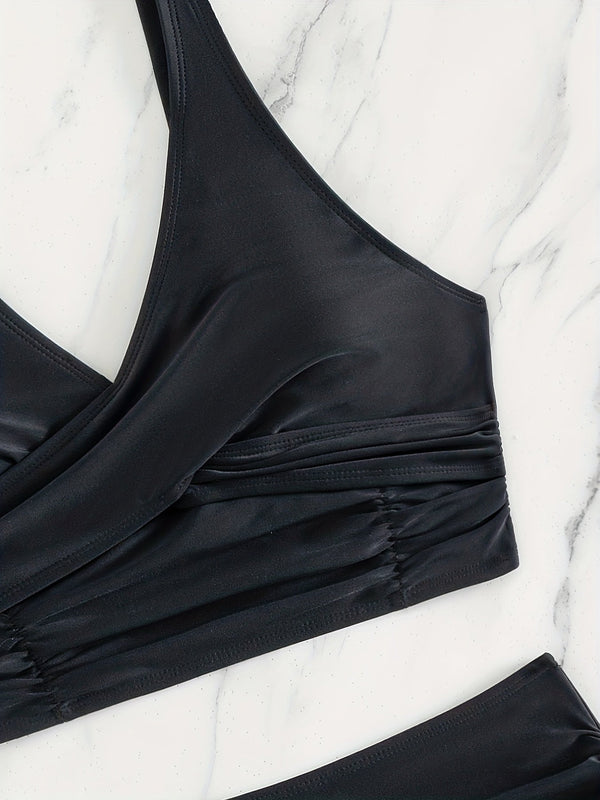 Bikini Solid Black Twist Front High Waist 2 Piece Swimsuit for Women – Stretchy V Neck Bikini Set with Ruched Tummy Control and Cross Strape Detail – Quick Drying Polyamide Swimwear for Beachwear Poolside and Summer Travel