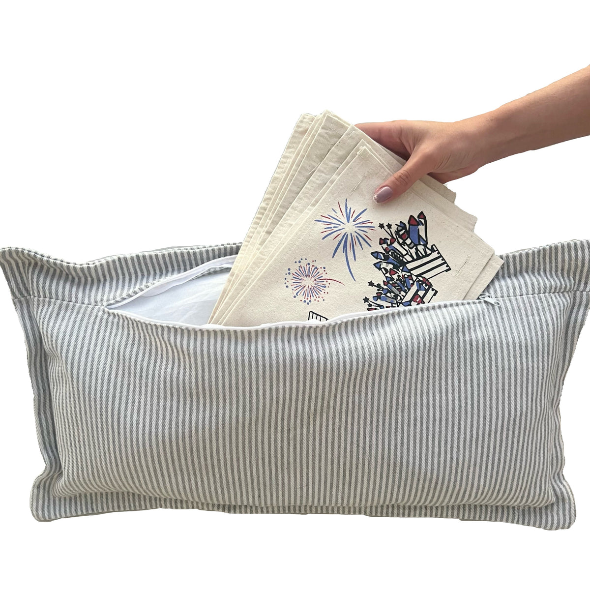 NEW BUNDLE SET: CHARCOAL & CREAM STRIPES Pillow (comes with foam insert and these 3 panels in back pocket); Winter Spring Summer Fall Autumn; TRICK OR TREAT, SUBWAY, MERRY & BRIGHT