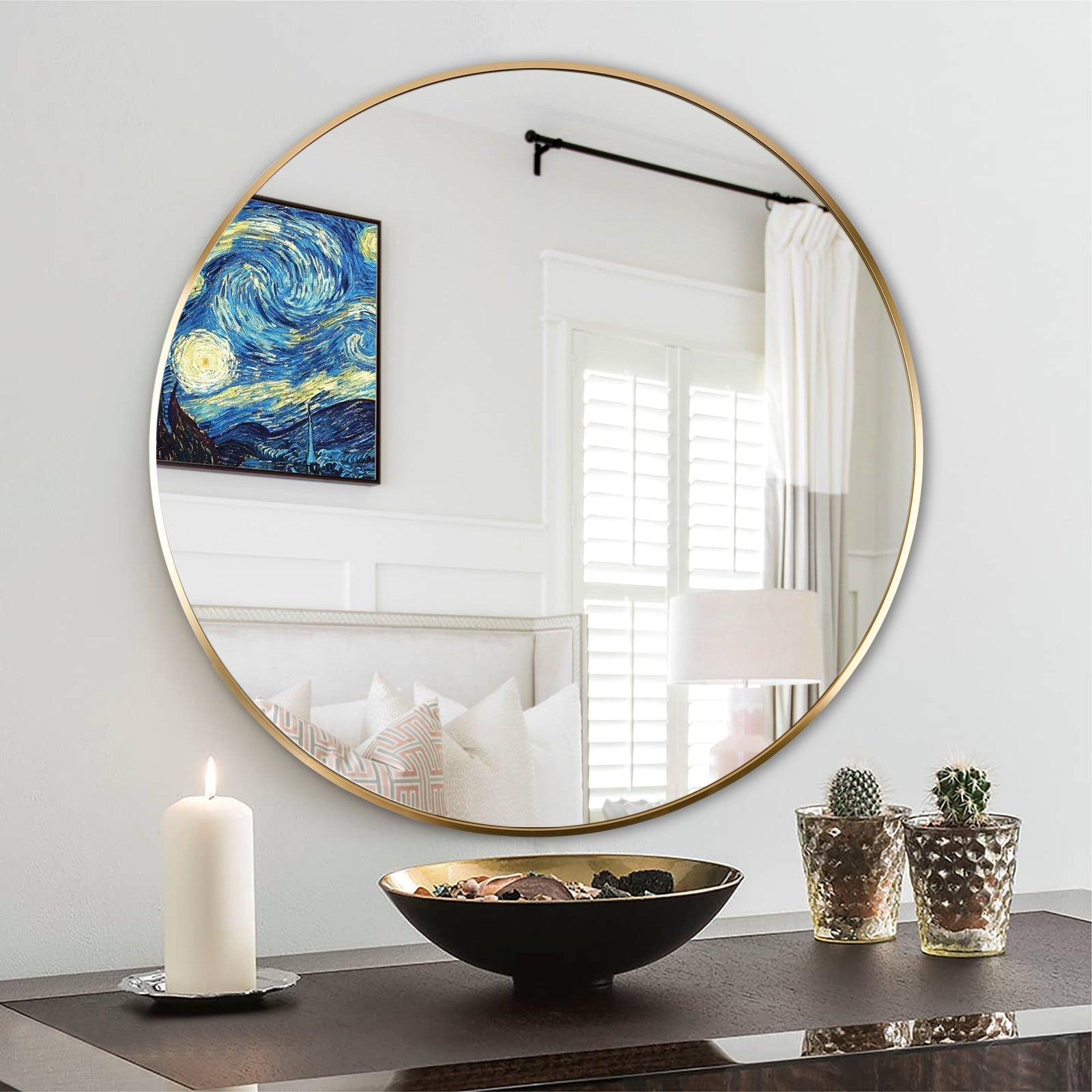 24 Inch Gold Metal Framed Round Bathrrom Mirror for Wall.
