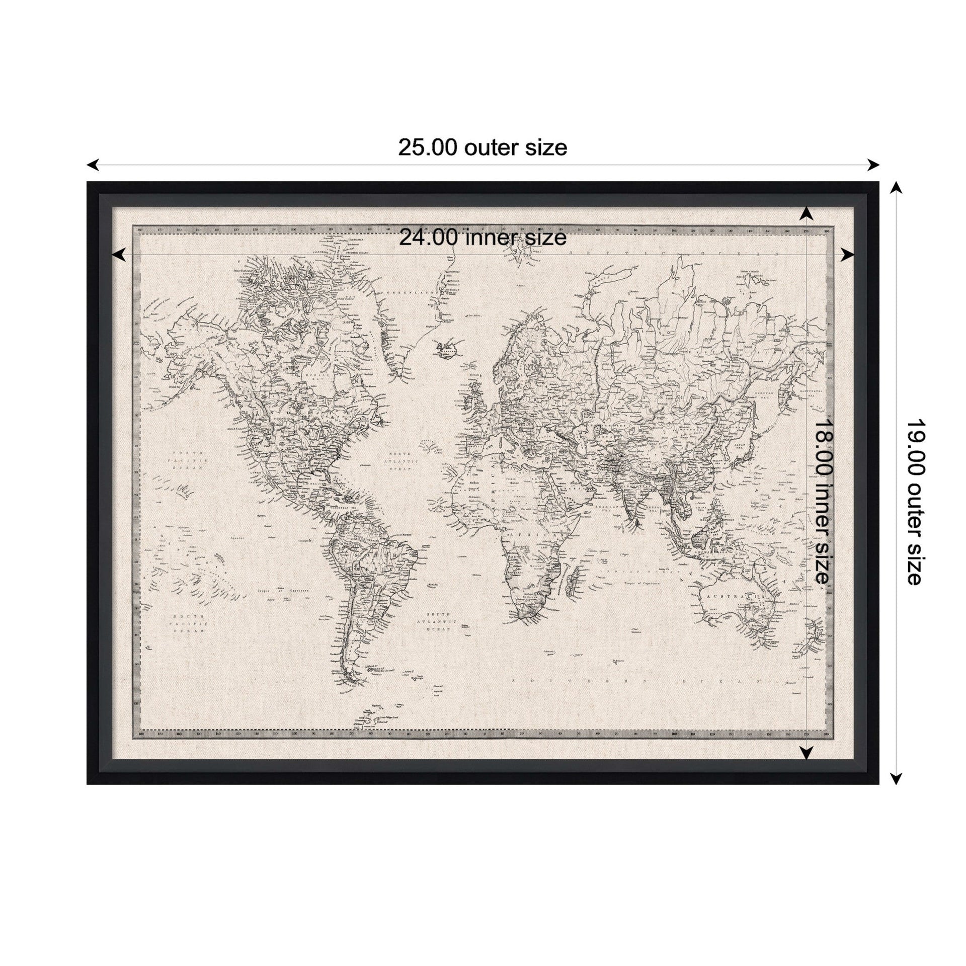 Framed Fabric Pinboard Vintage Black and White Linen World Map Wall Organization