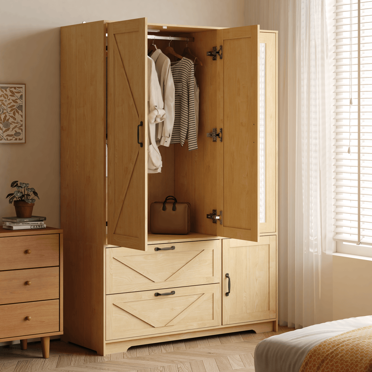 4 Doors Wardrobe Closet with Mirror, LED Wardrobe with Doors