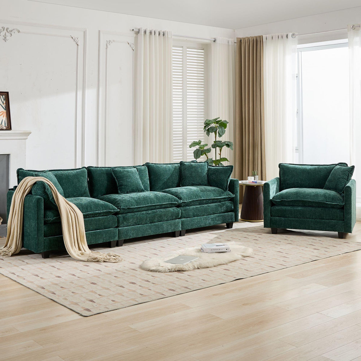 Cloud 3 Seats Sofa (Ottoman is not included) Chenille Fabric in Green
