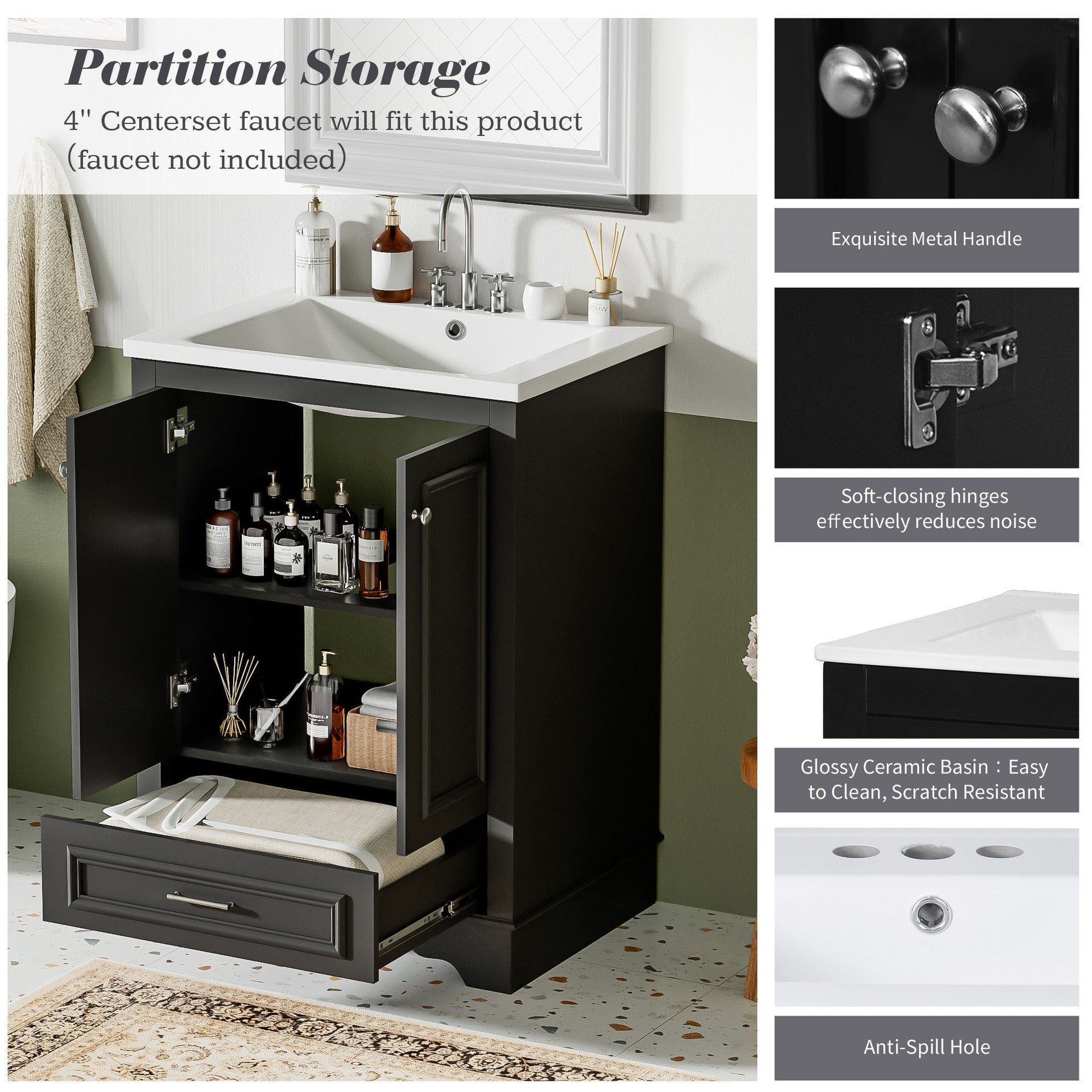 Bathroom Vanity with Ceramic Sink and Modern Freestanding Storage Cabinet, Soft-Close Doors