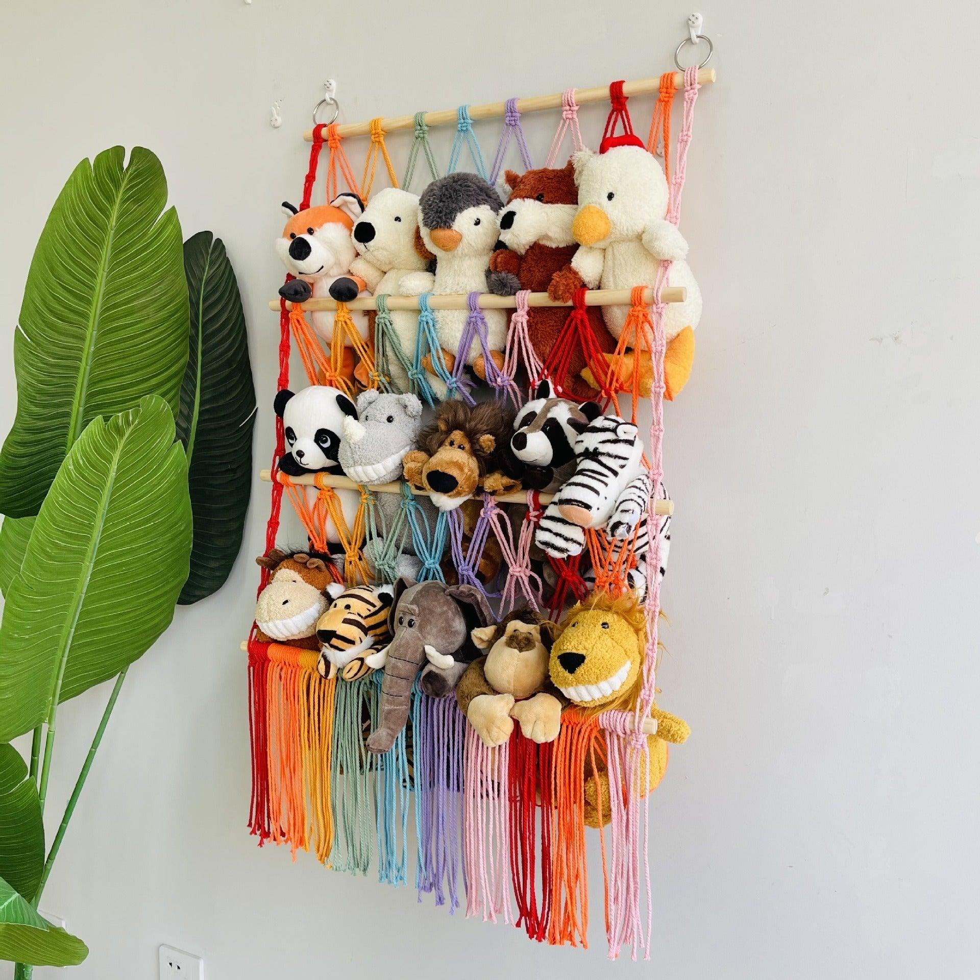 Simple decoration of shelves for children's rooms book ornaments wooden sticks 3-layer plush Bohemian toy storage net bag