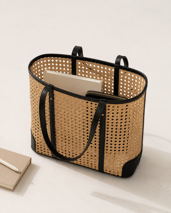 Dian Leather and Rattan Tote Bag