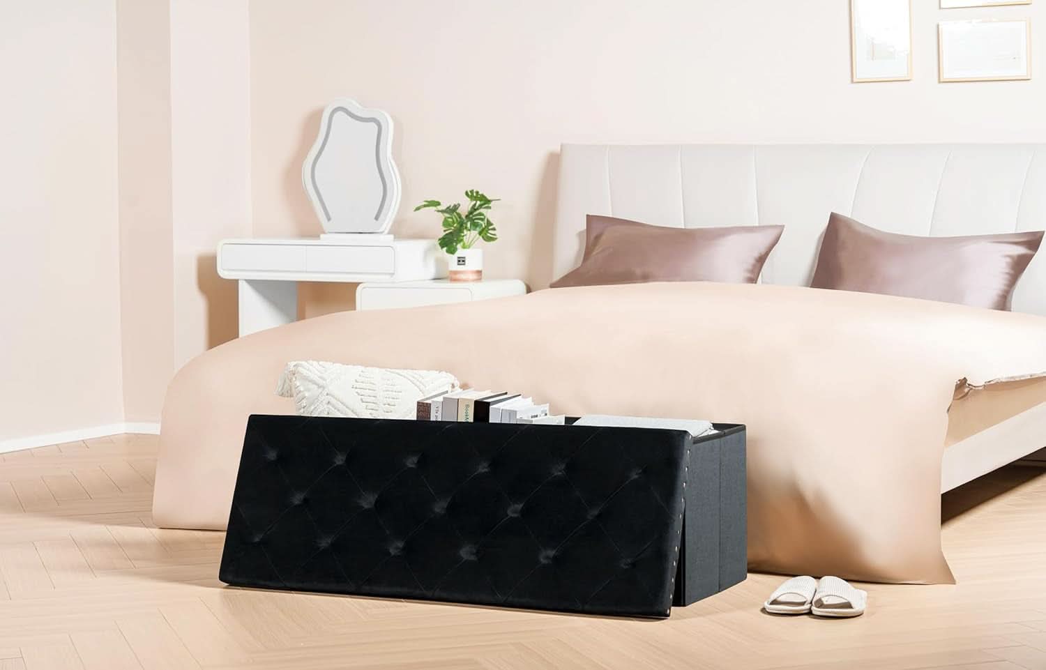 Jet Black Storage Ottoman Bench Seat 43.3 Inch Length