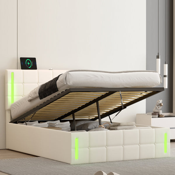 Full Size Upholstered Bed with LED Lights,Hydraulic Storage System and USB Charging Station,White V.I.P Digital Presence