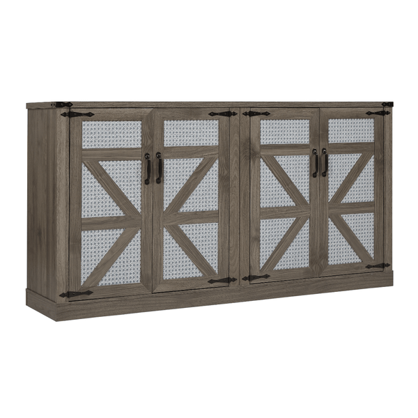 Wooden cabinet with glass doors featuring a geometric pattern on a white background