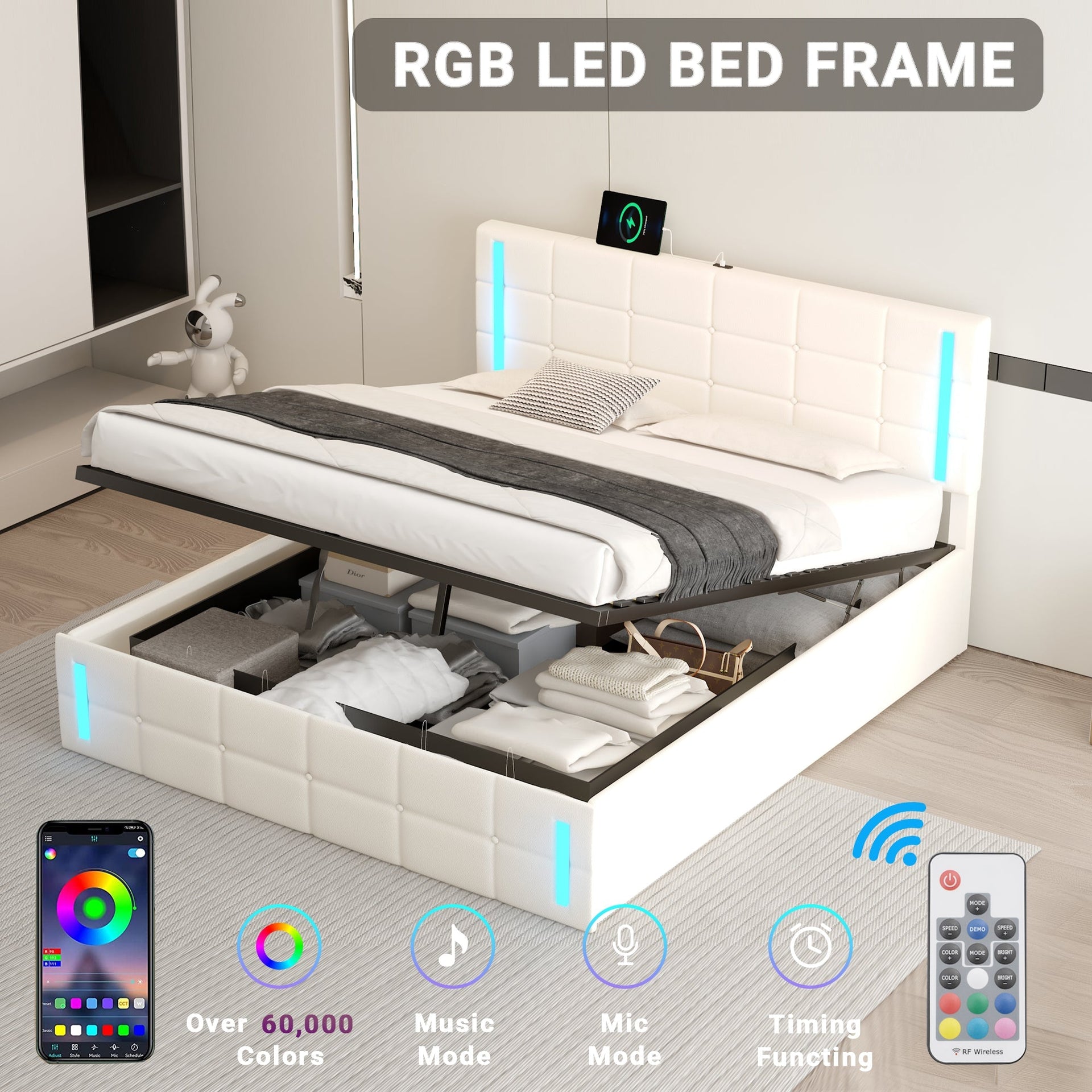 Queen Size Upholstered Bed with LED Lights,Hydraulic Storage System and USB Charging Station,White V.I.P Digital Presence