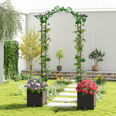82 x 99 Inch Garden Arch Trellis with 2 Self-Watering Planter Boxes Wheels-Black