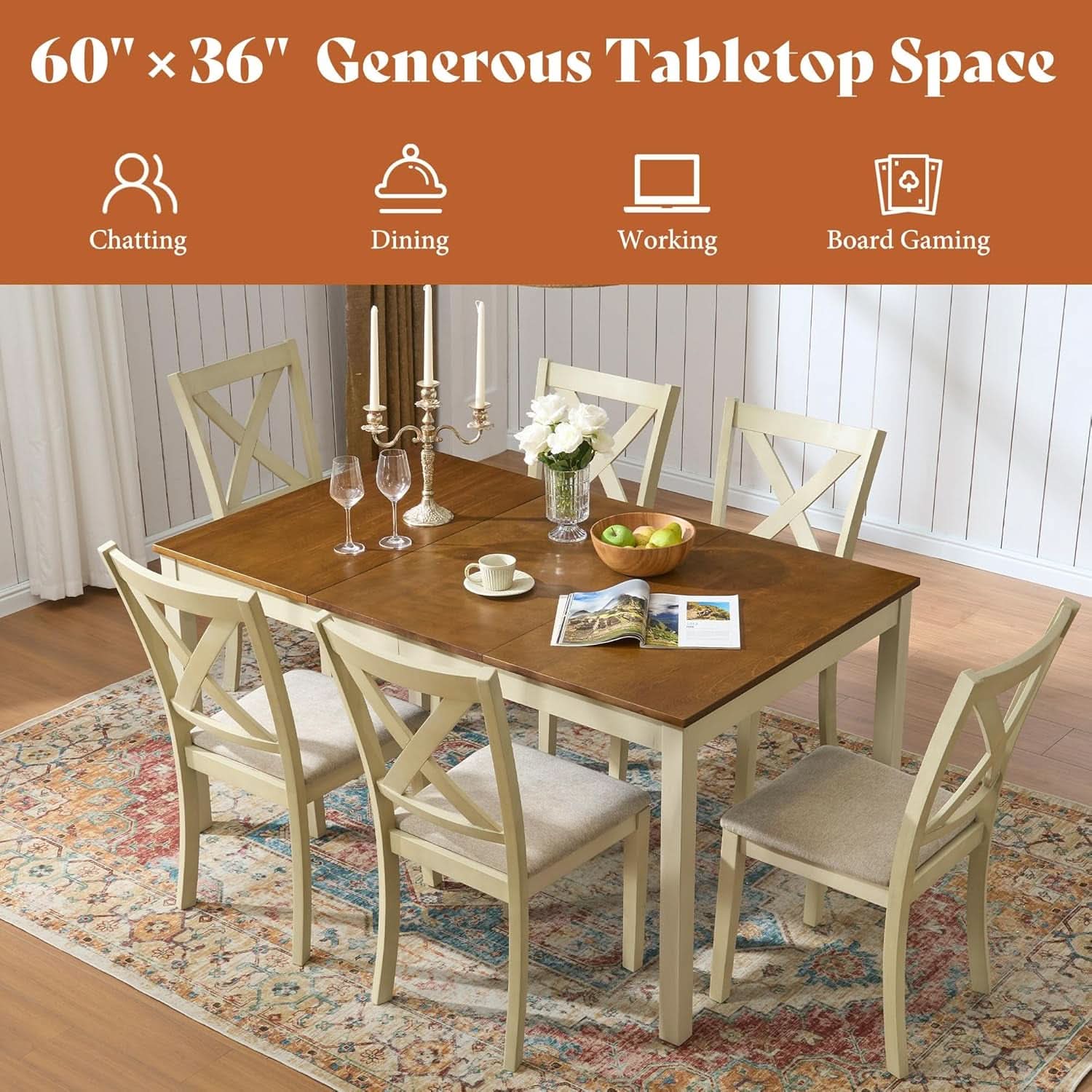 Farmhouse Handcrafted SolidWood Dining Table Set Cream