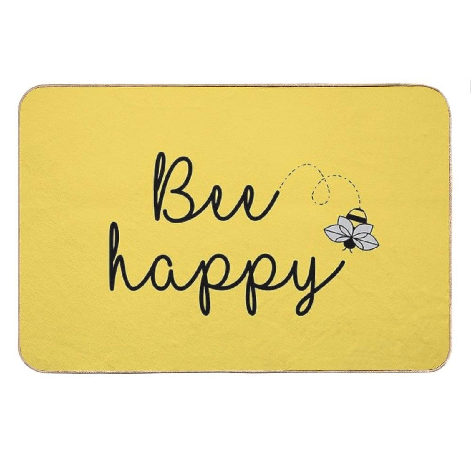 Bee Happy, Positive Quote Print on Yellow Background Bath Mat