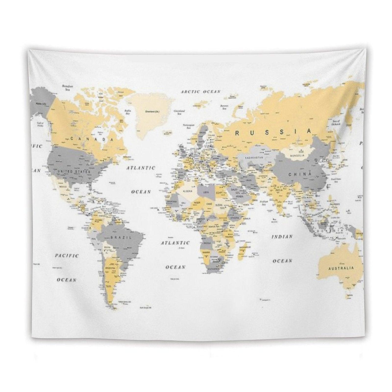 Map of The World Yellow And Grey Tapestry