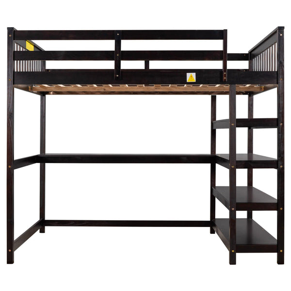 Full Size Loft Bed with Storage Shelves and Under-bed Desk  Espresso