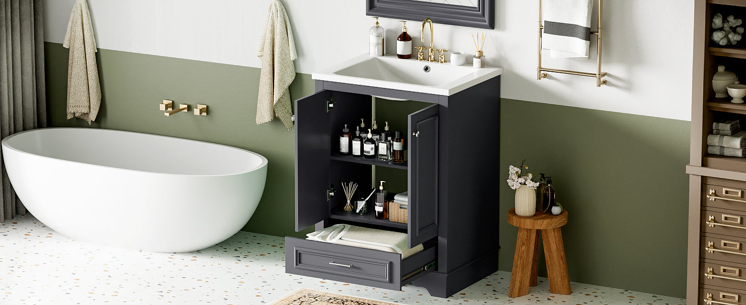 Bathroom Vanity with Ceramic Sink and Modern Freestanding Storage Cabinet, Soft-Close Doors