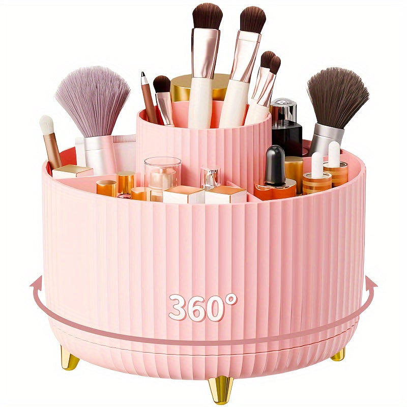 360° Rotating Makeup Organizer - 1pc Plastic Cosmetic Storage with 5 Compartments - Multi-Functional Holder for Brushes, Lipsticks, Skin Care Products, and Stationery - Durable Unscented Desk Caddy with Luxury Stripe Design DSers Fulfillment