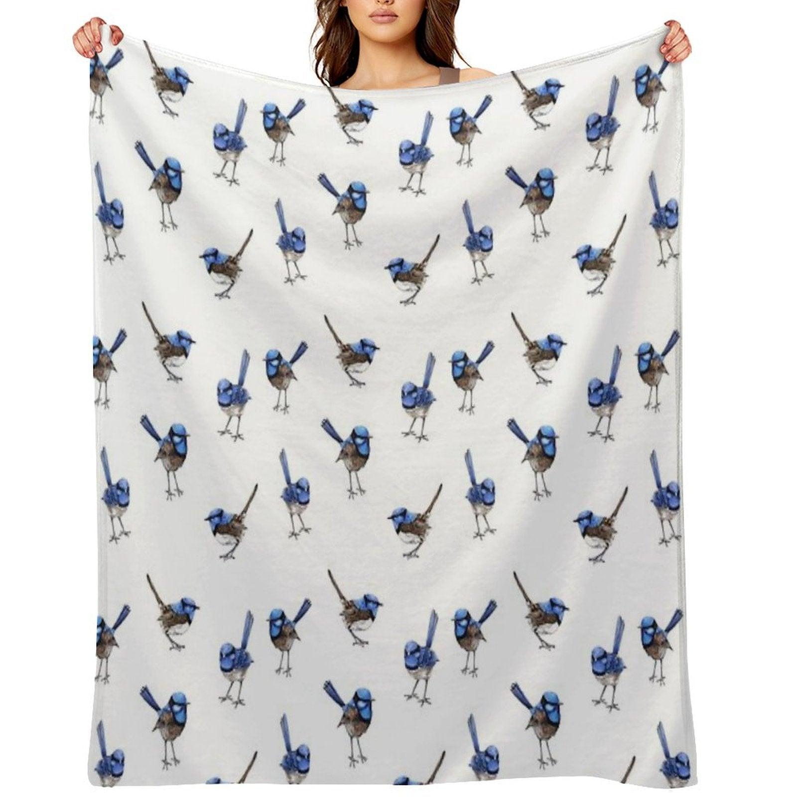 Blue Wrens, Scattered on White Throw Blanket