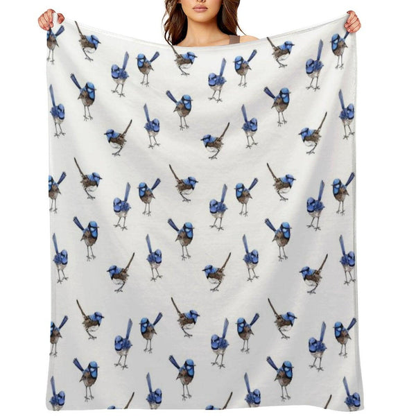Blue Wrens, Scattered on White Throw Blanket