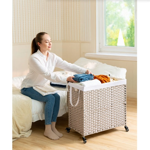 Laundry Hamper With Lid PE Rattan Powder Coating Frame Clothes Hampers With 02 Removable Bags, Wheels, 160L, Gray Color