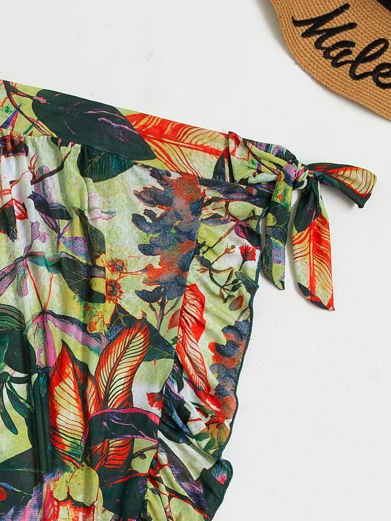 Bloom Breeze 3-Piece Bikini Set – Elegant High Cut Floral Fluttering Swimsuit with Lettuce Trim Tie Back Bandeau and Coordinating Cover Up Skirt – Women's Romantic Swimwear for Beach & Resort Vacations