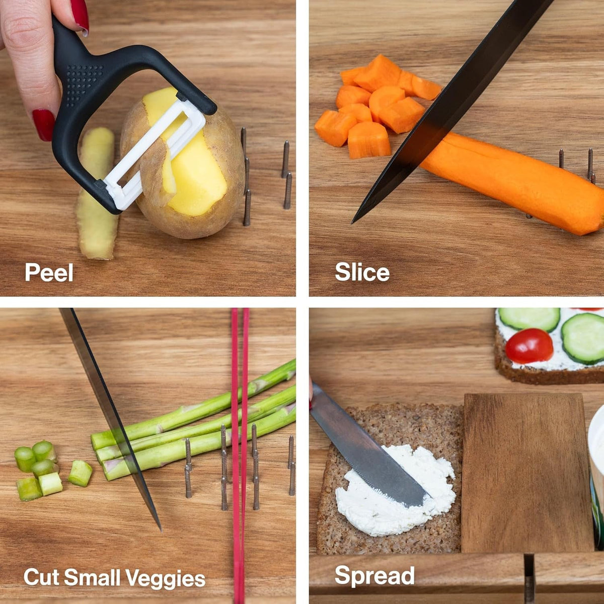 Adaptive One-Handed Wooden Cutting Board with Spikes & Raised Edge