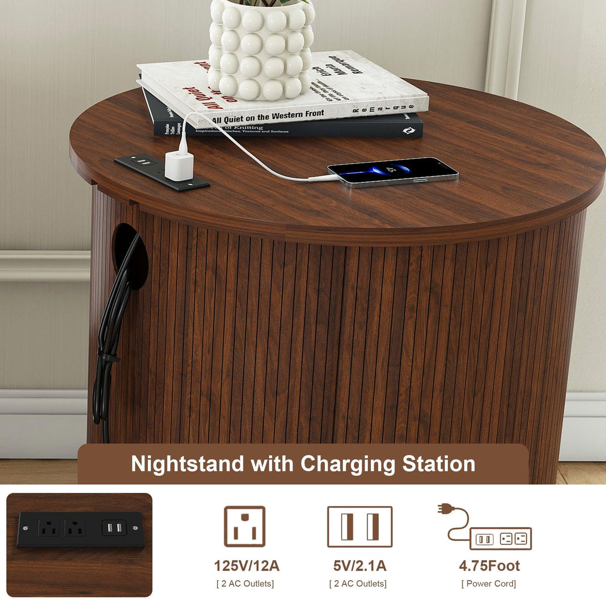 Walnut Mid-Century Modern Nightstand Set with Charging Station – Round Side Tables (Set of 2)