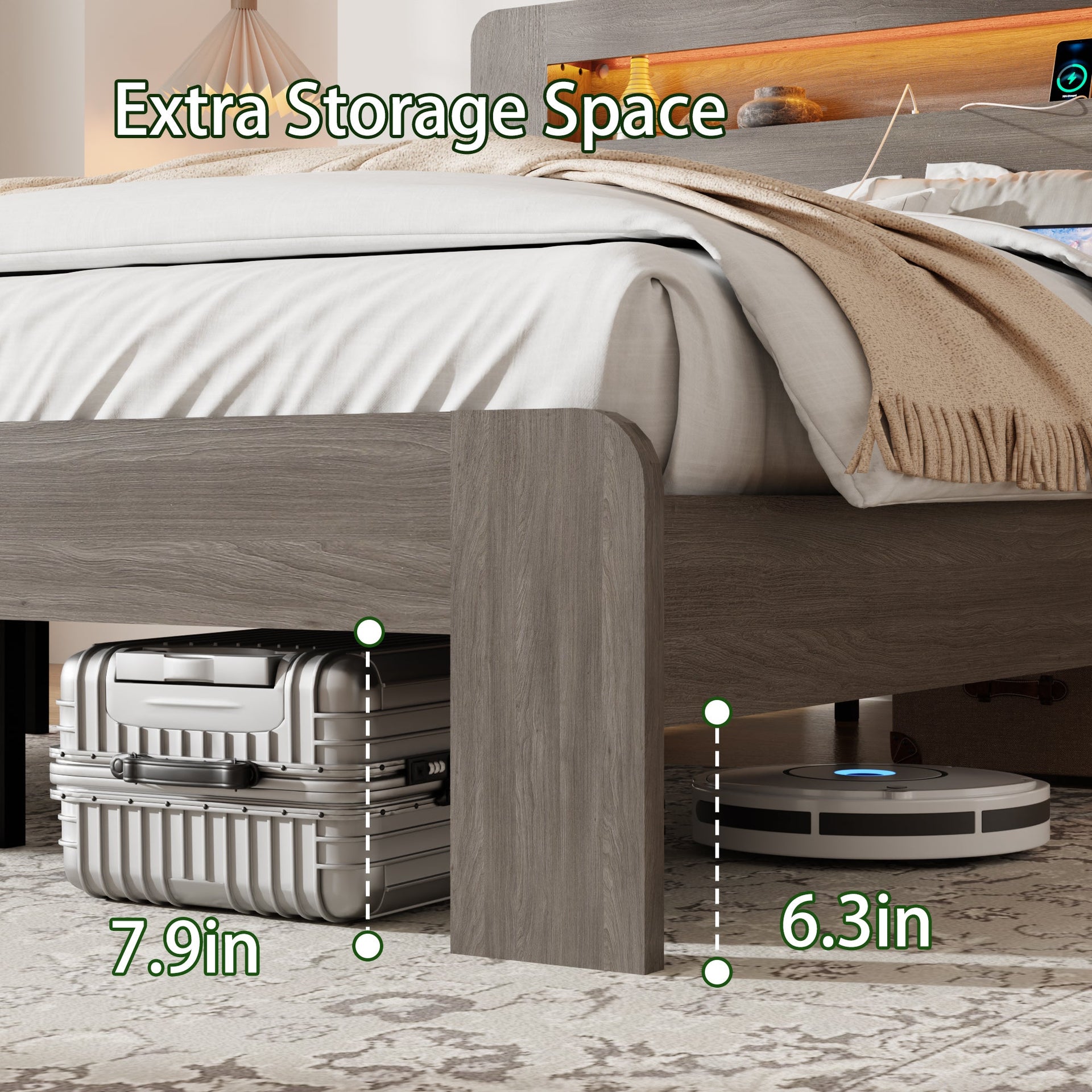 Bed Frame King Size, Wood Platform Bed Frame with Storage LED Light Headboard and 2 USB , Noise Free,No Box Spring Needed and Easy Assembly Tool,Large Under Bed Storage,Dark Grey