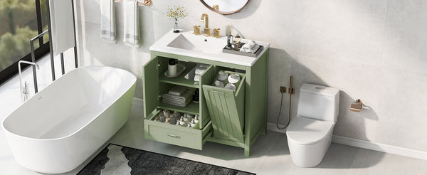 36 inch bathroom vanity with sink, one double door cabinet one large drawer and one flip drawer solid wood and MDF board, green