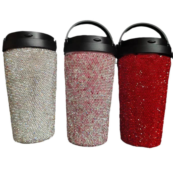 Diamond inlaid vacuum stainless steel coffee cup creative handle insulated cup vacuum portable car cup