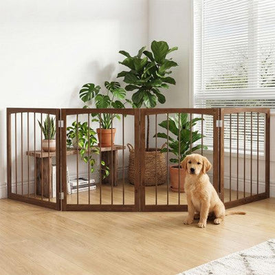83 inch L x 30 inch H Dog Gate 4-Panel Wooden Pet Fence for Indoor-Brown