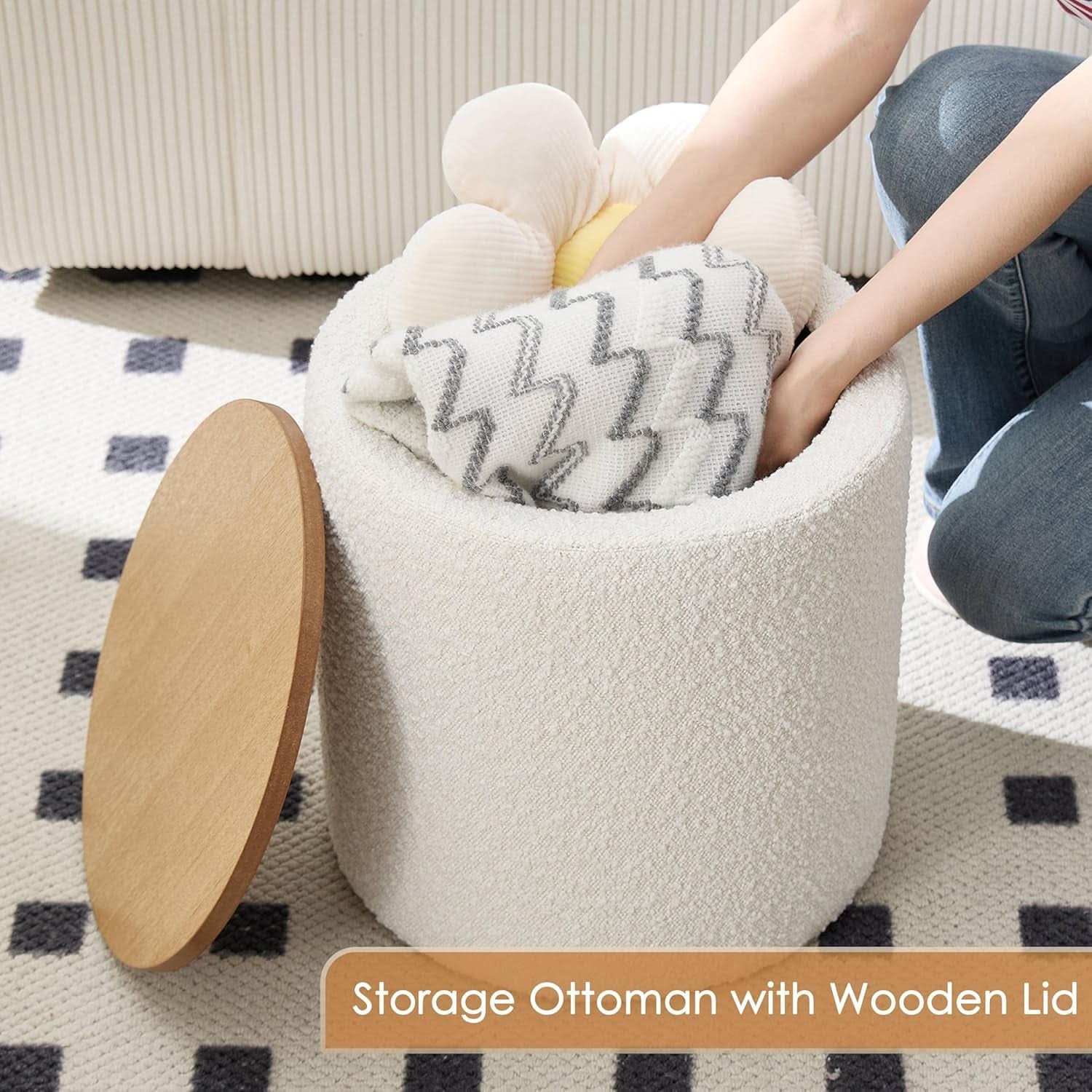 Circular Storage Ottoman Sixteen Inch White Boucle