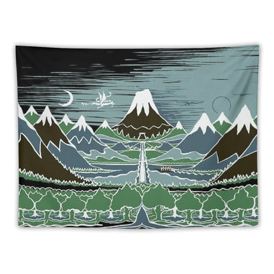 A Halflings Journey on A Mountain Path Through An Elven Wood in The Style of J.R.R.Tolkien Tapestry