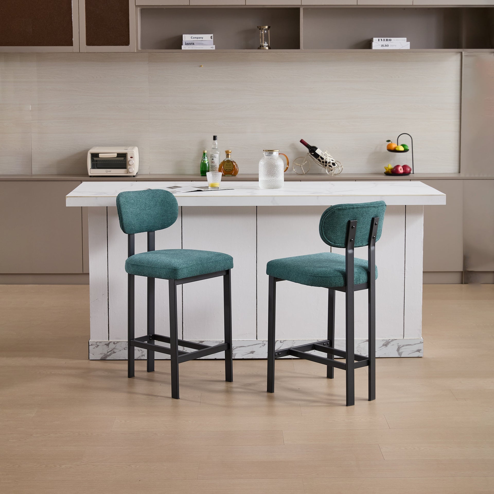 Bar Stools Set of 2, 26 inch Modern Upholstered Fabric Counter Height Barstools, Kitchen Island Chairs with Black Metal Legs for Dining Room/Kitchen Island/Bar
