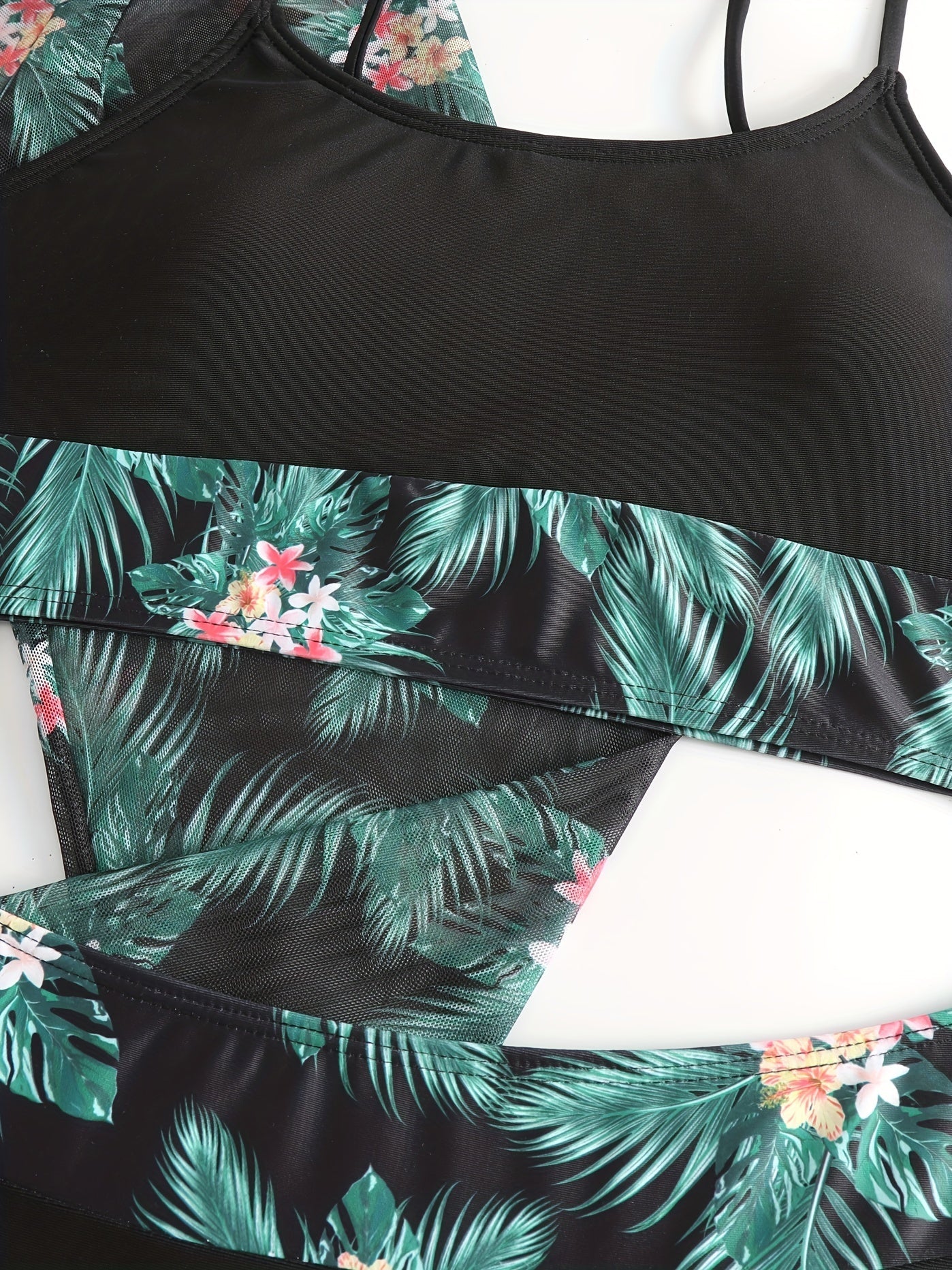 Bikini 3 Piece Tropical Print Swimsuit Set – High Stretch Comfortable Women's Bikini with Crew Neck Mesh Cover-Up – Chic Vacation Beachwear for Summer Casual Style & Poolside Glamour