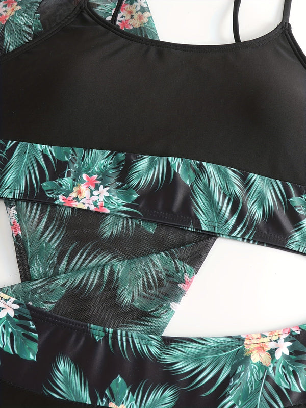 Bikini 3 Piece Tropical Print Swimsuit Set – High Stretch Comfortable Women's Bikini with Crew Neck Mesh Cover-Up – Chic Vacation Beachwear for Summer Casual Style & Poolside Glamour