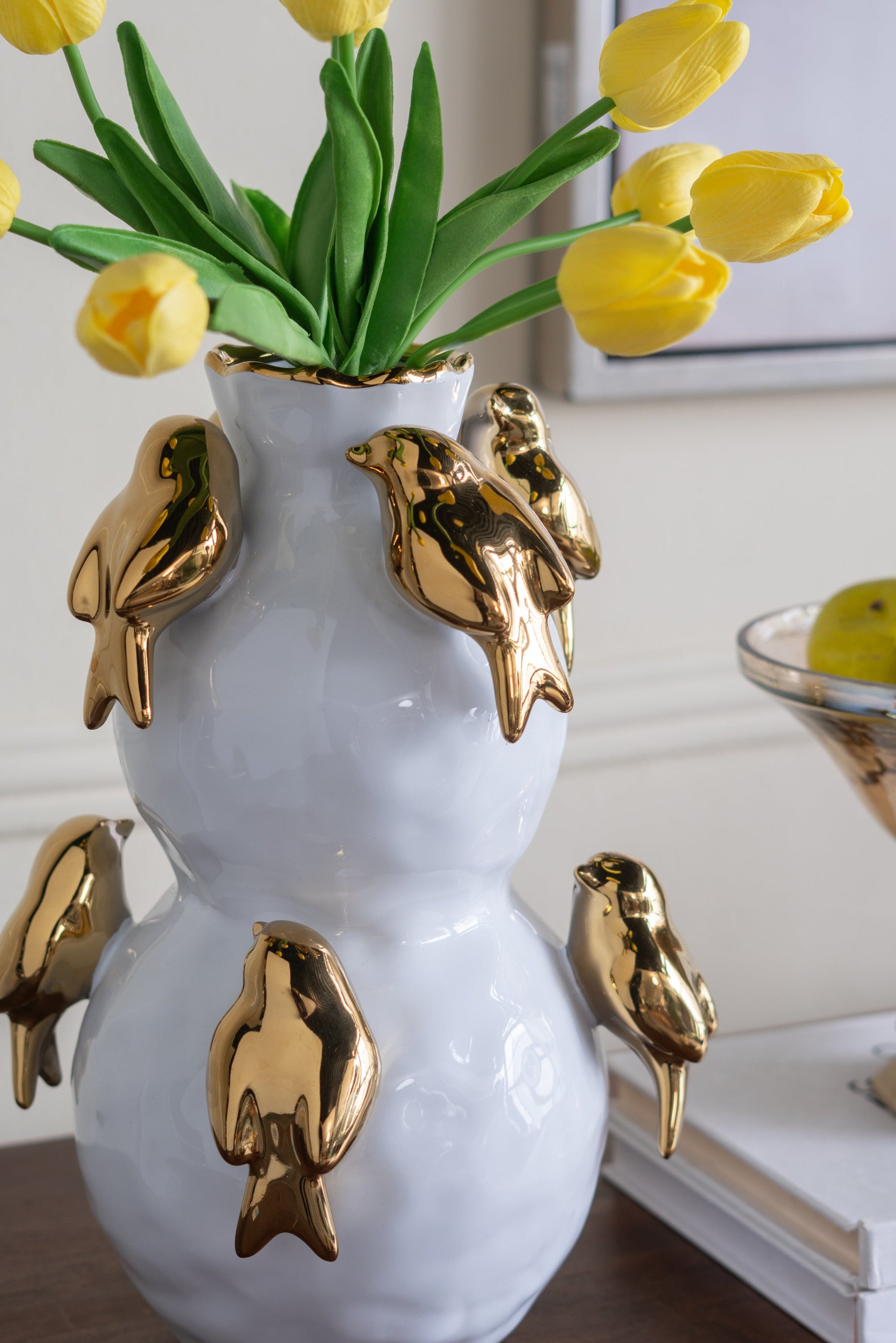 White Ceramic Vase with Gold Bird Accents