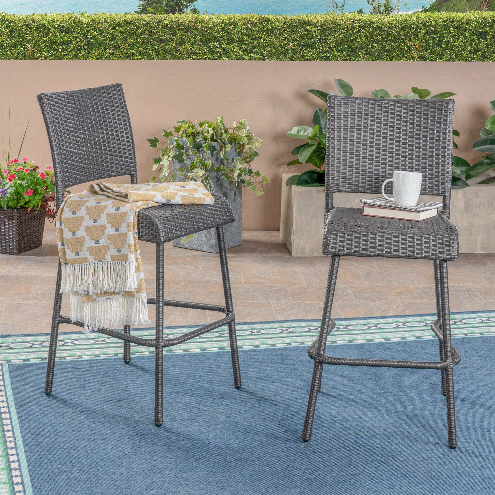 29' Outdoors PE Rattan Armless Barstools, Set of 2, Grey