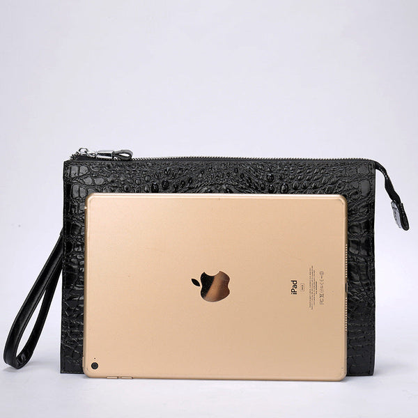 A4 Men's Genuine Leather Underarm Bag Zipper Cowhide Crocodile Pattern Men's Mobile Phone Bag