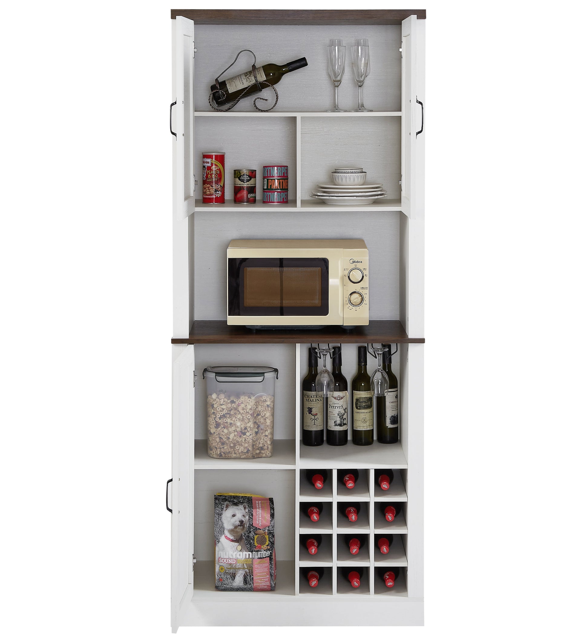 76 Inch Tall Farmhouse Kitchen Faux Rattan Wine Cabinet, Kitchen Bar Cabinet with Square Compartments and Shelves