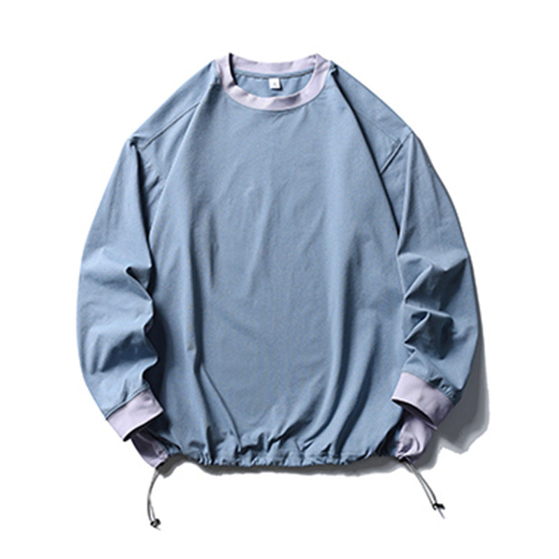 Trendy American Style Loose Long Sleeve T-Shirt for Men and Women, Breathable Quick-Dry Sun Protection with Drawstring Hem Round Neck Top