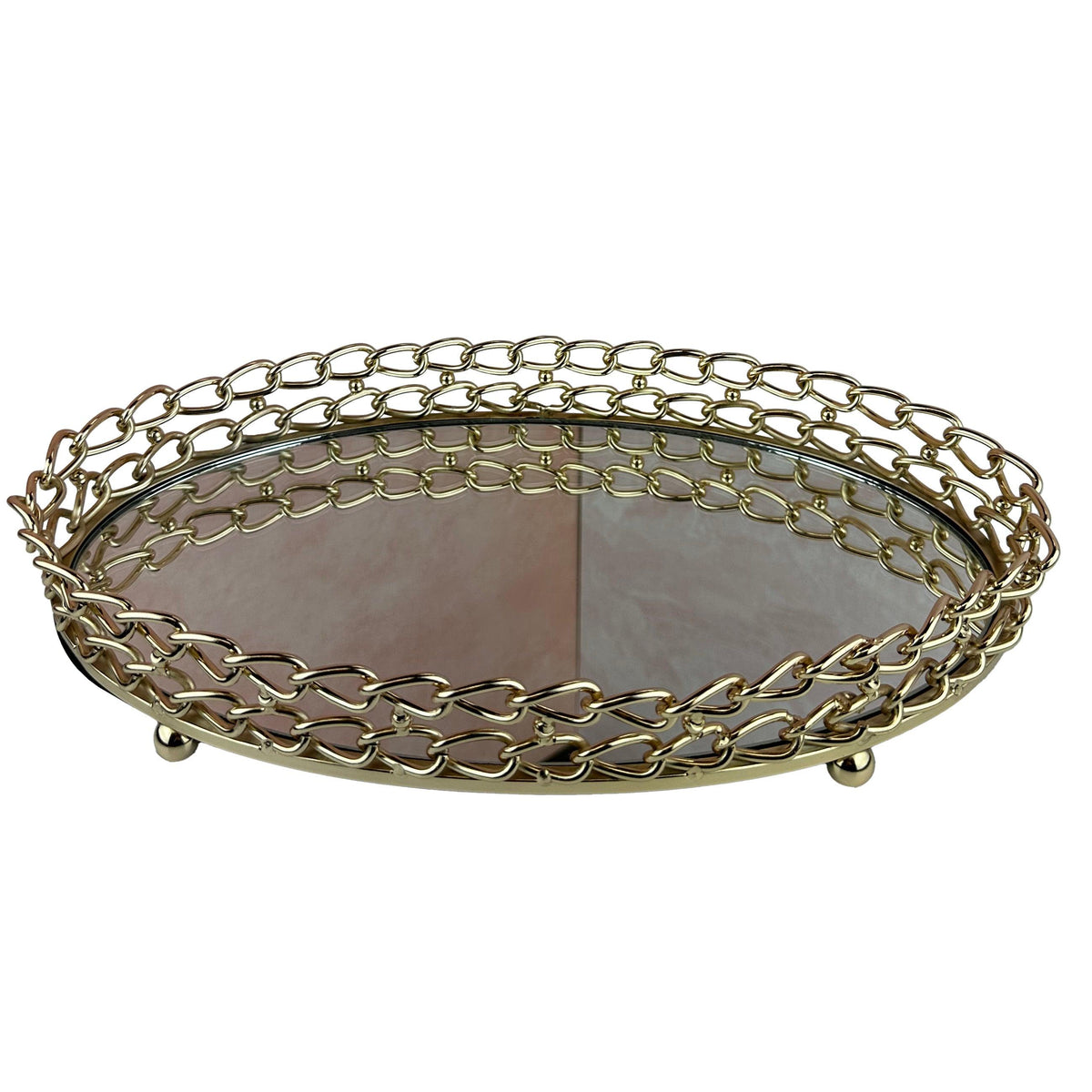 Glass Serving Tray – Gold Metal Frame with Dual Link Chain Design, Luxury Indoor Outdoor