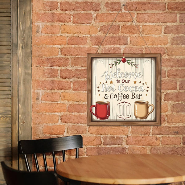 Welcome Coffe Bar Christmas Hot Cocoa Sign Square Wood Wall Decor Hanging Sign-12