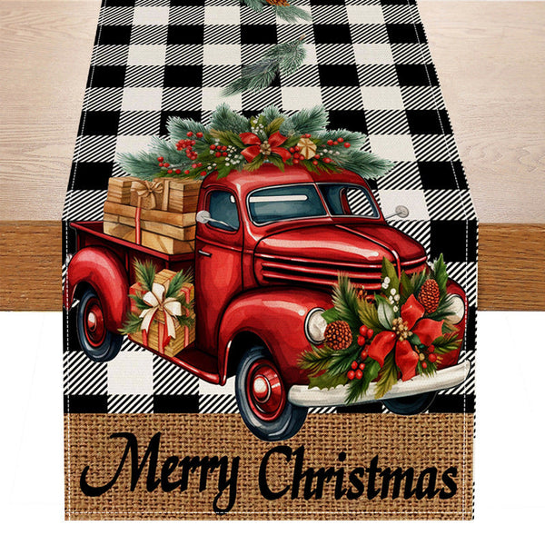 Red car printed table flag Christmas red black checkered linen living room decoration tablecloth