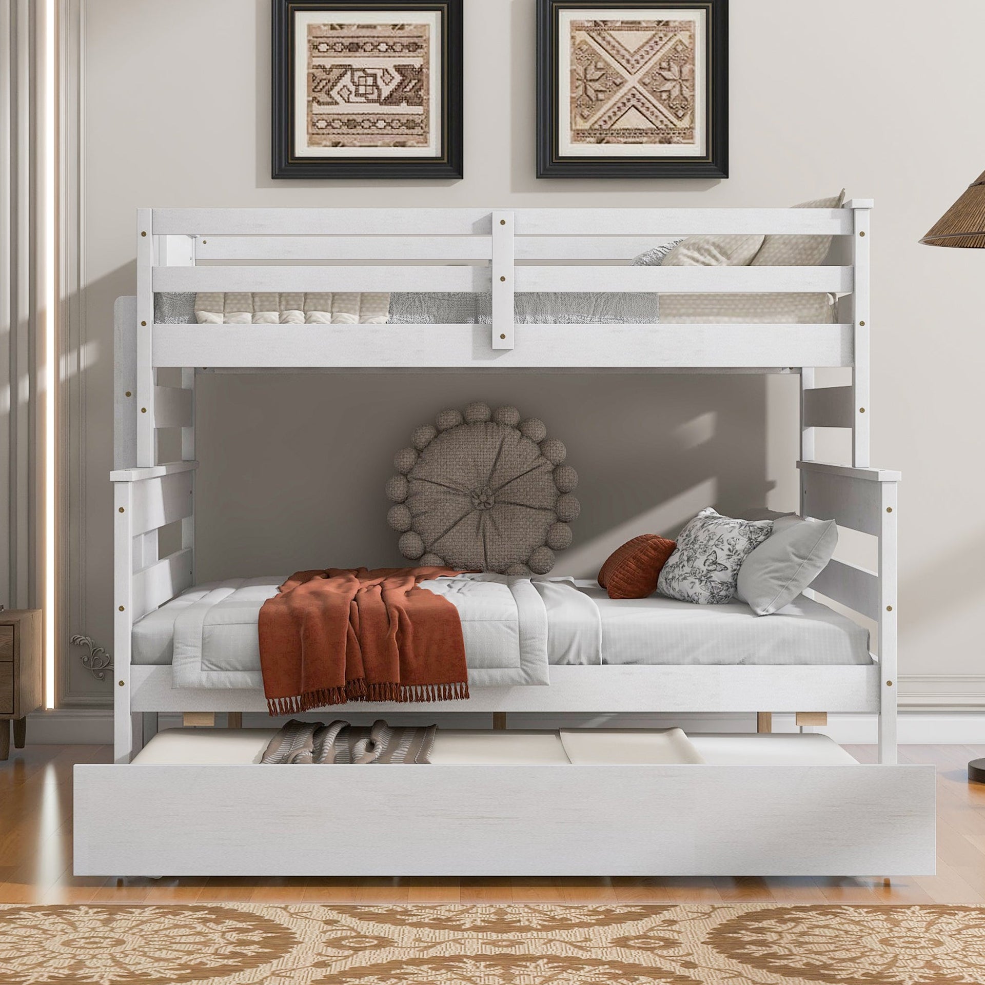 Wood Twin over Full Bunk Bed with Twin Size Trundle  White