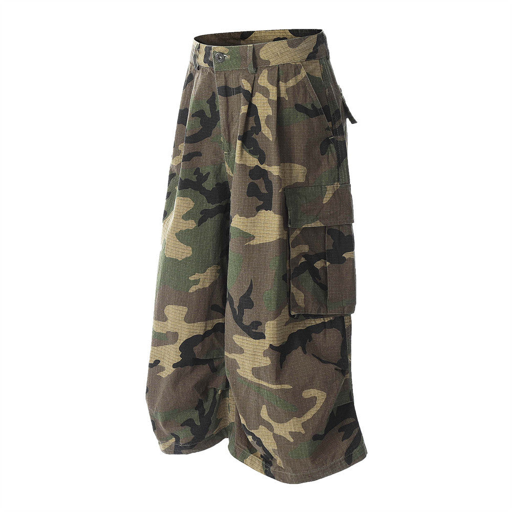 Loose Wide-Leg Camouflage Three-Quarter Pants Men's Summer Work Shorts Pleated Design with Large Pockets