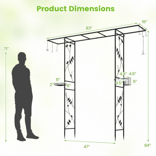 84 Inch Garden Arbor Feeding Station with Water Bowl and Mesh Tray-Black