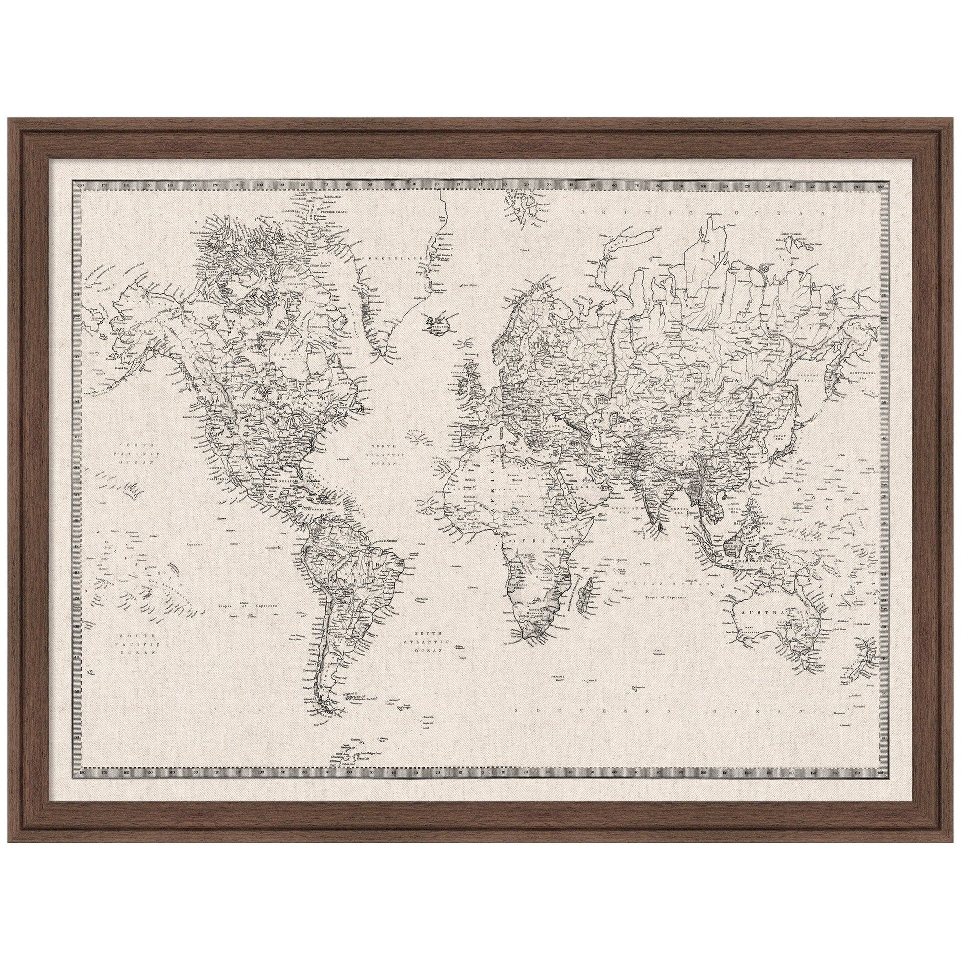 Framed Fabric Pinboard Vintage Black and White Linen World Map Wall Organization
